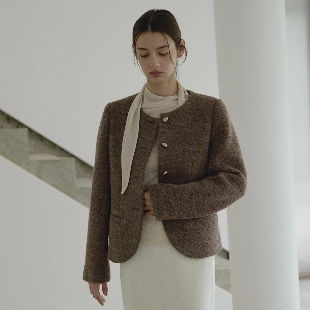 Round-neck wool jacket - Brown