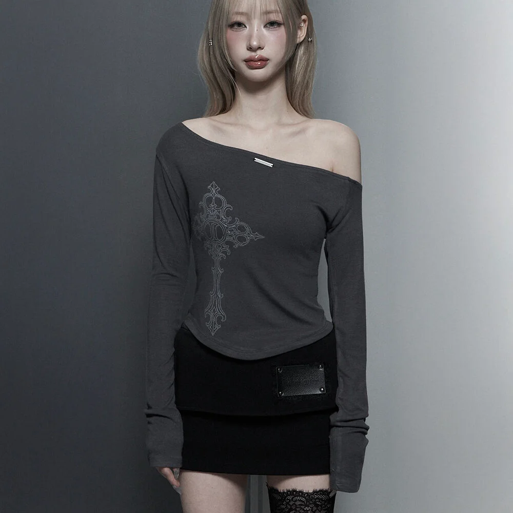 Lettering Printing One-Shoulder Long Sleeve Top (Dark Gray)