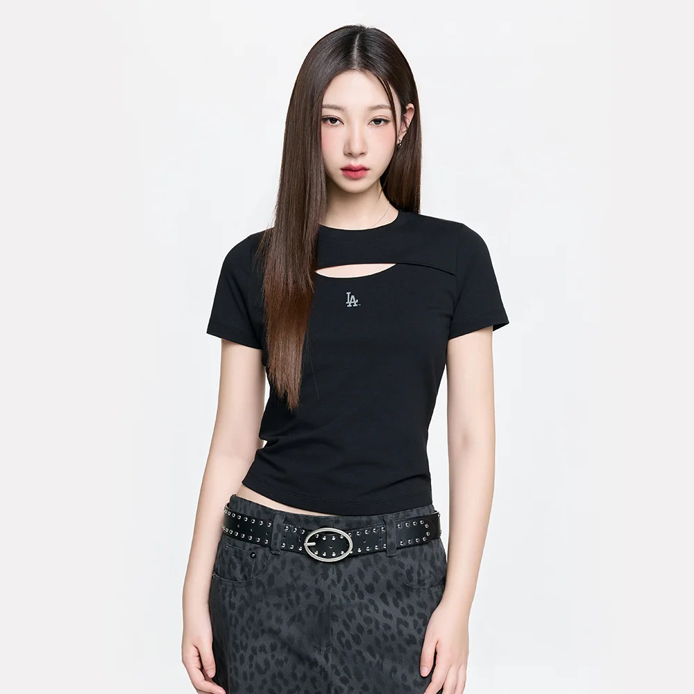 女裝 鏤空 細節 修身 半 短版 短袖 T恤 LA (Black)
