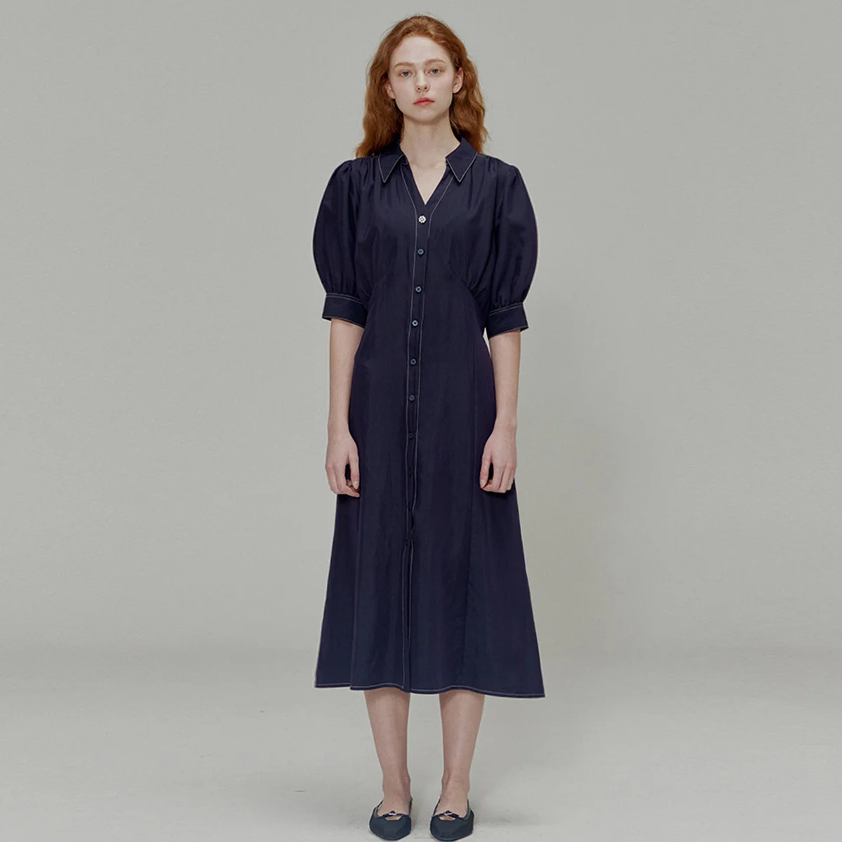 Open collar shirring detail shirt dress_Navy