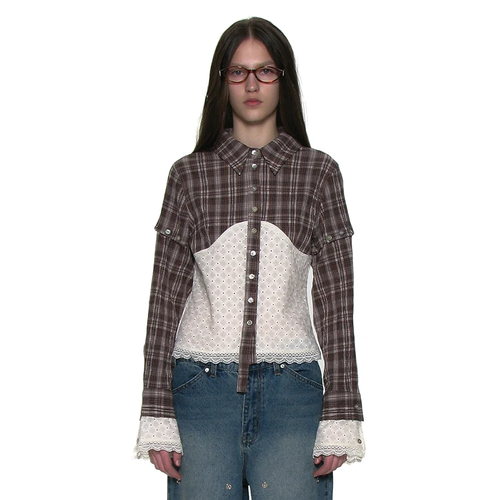 CHECK LACE EMBROIDERY COMBI SHIRT_BROWN