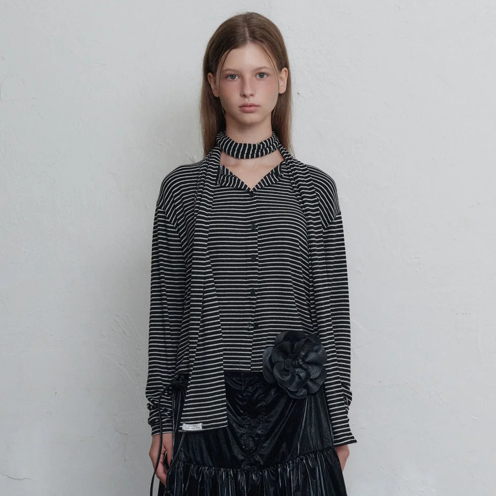 Stripe button long sleeve-muffler SET (Black)