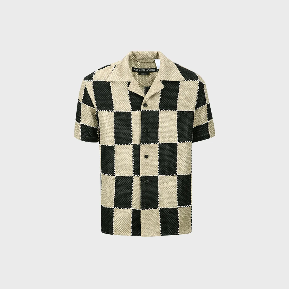 PATCHWORK OPEN COLLAR SHIRTS atb1233m(BLACK/BEIGE)