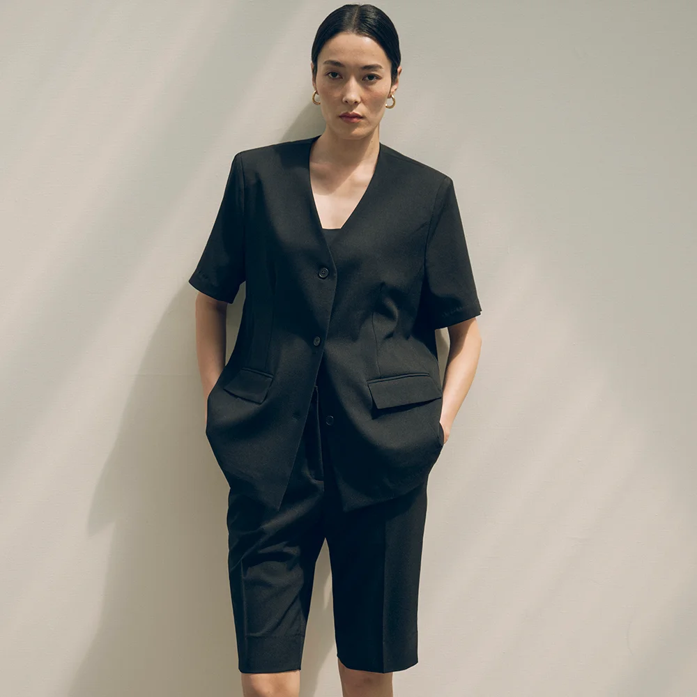 SIOT4108 夏季 滌綸 無領 西裝外套_Black