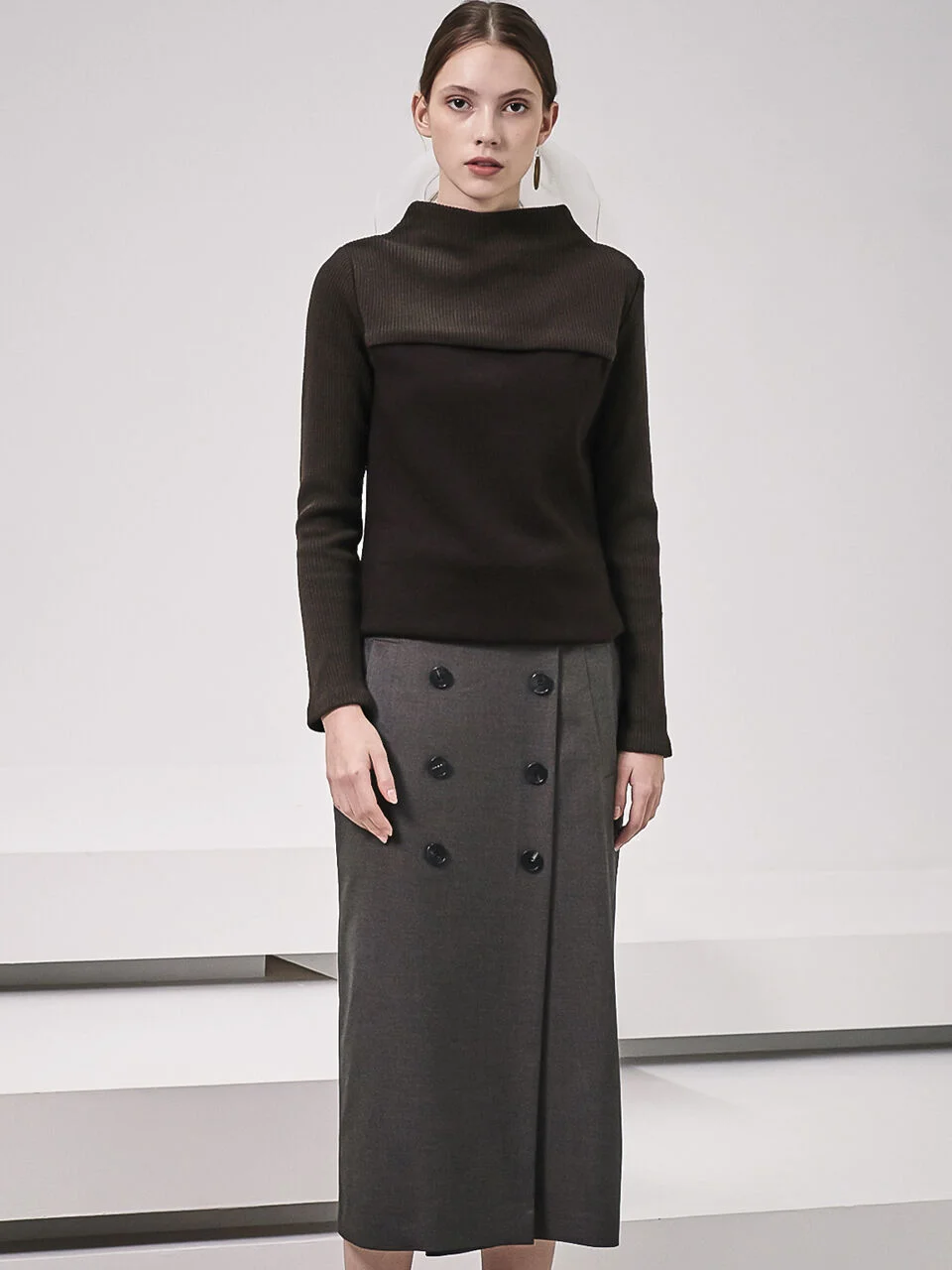 Gaia Double Button Pencil Skirt_Coffee