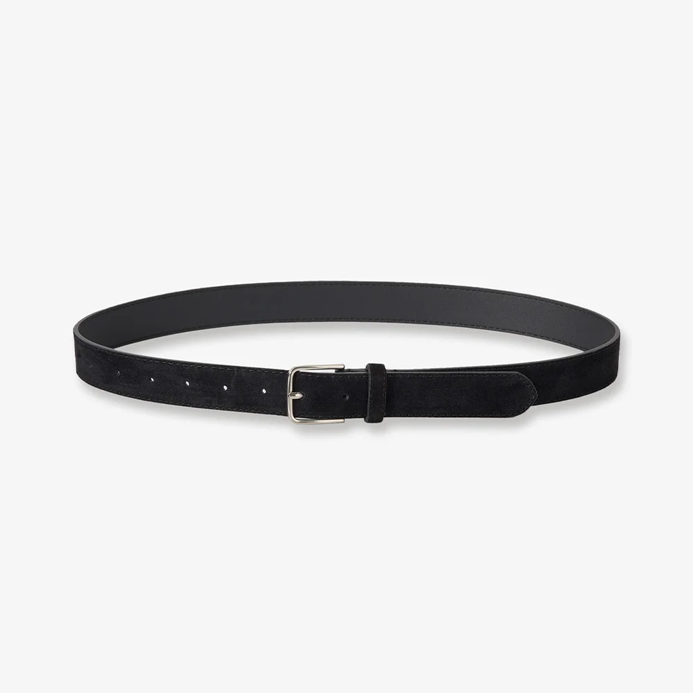 Classic Silver Buckle Suede Belt - Black