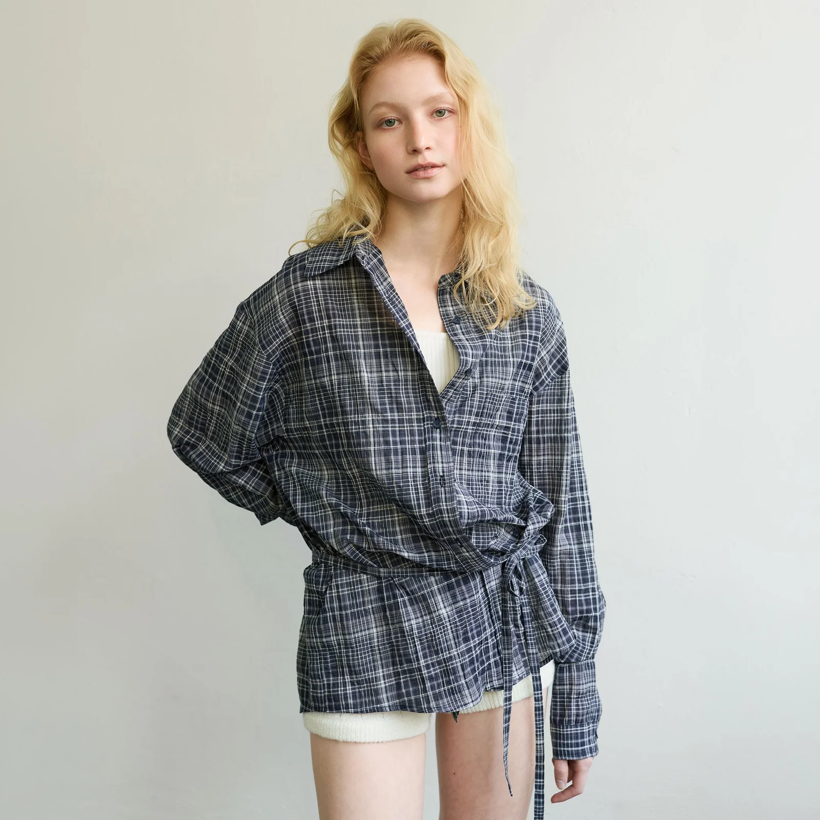 TWO-WAY TIE WAIST SHIRT - NAVY CHECK