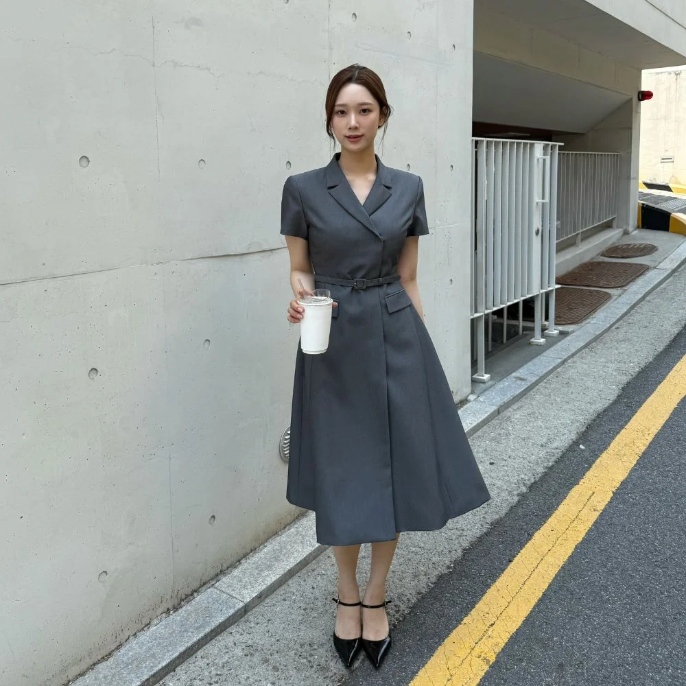 Jenn Long Belted Half-Sleeve Dress - Grey