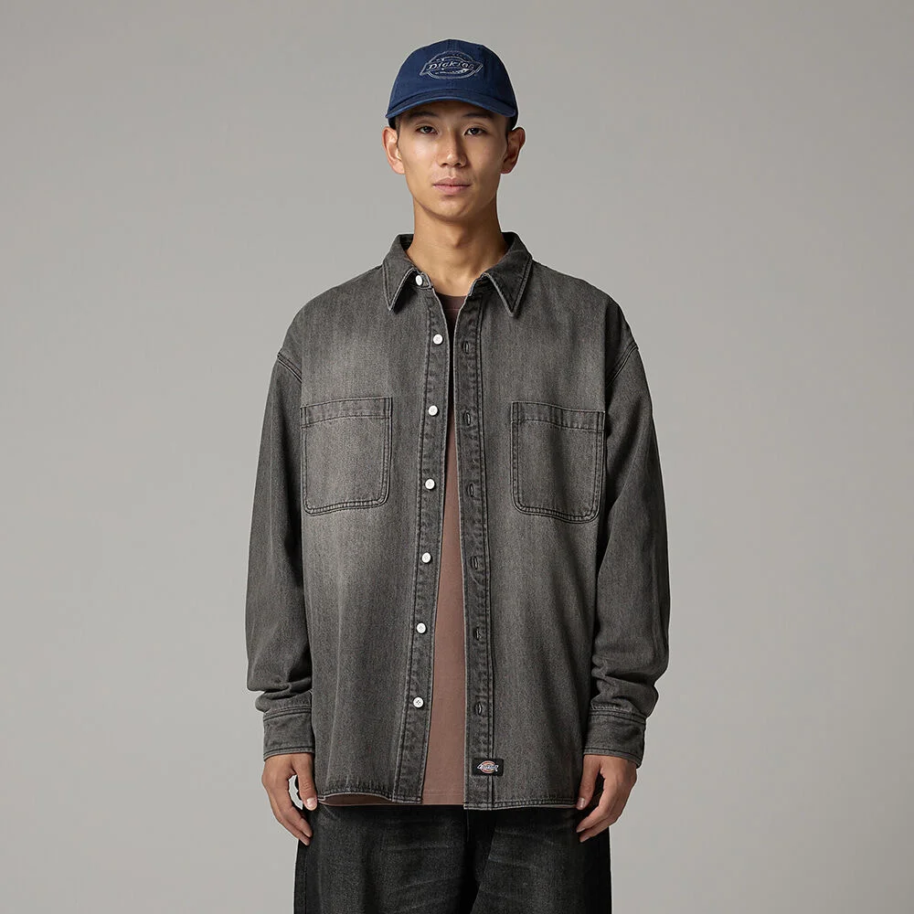 雙 口袋 水洗 牛仔 襯衫 Black
