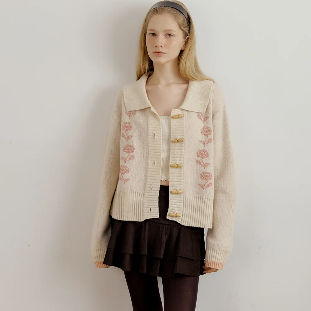 FLOWER WOOL CARDIGAN - BEIGE