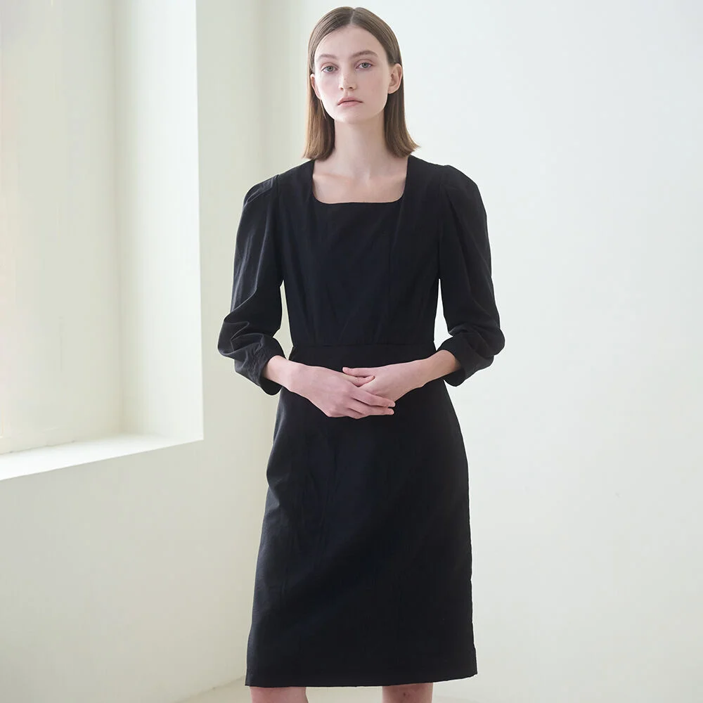 Square Neck Stitch Dress - Black
