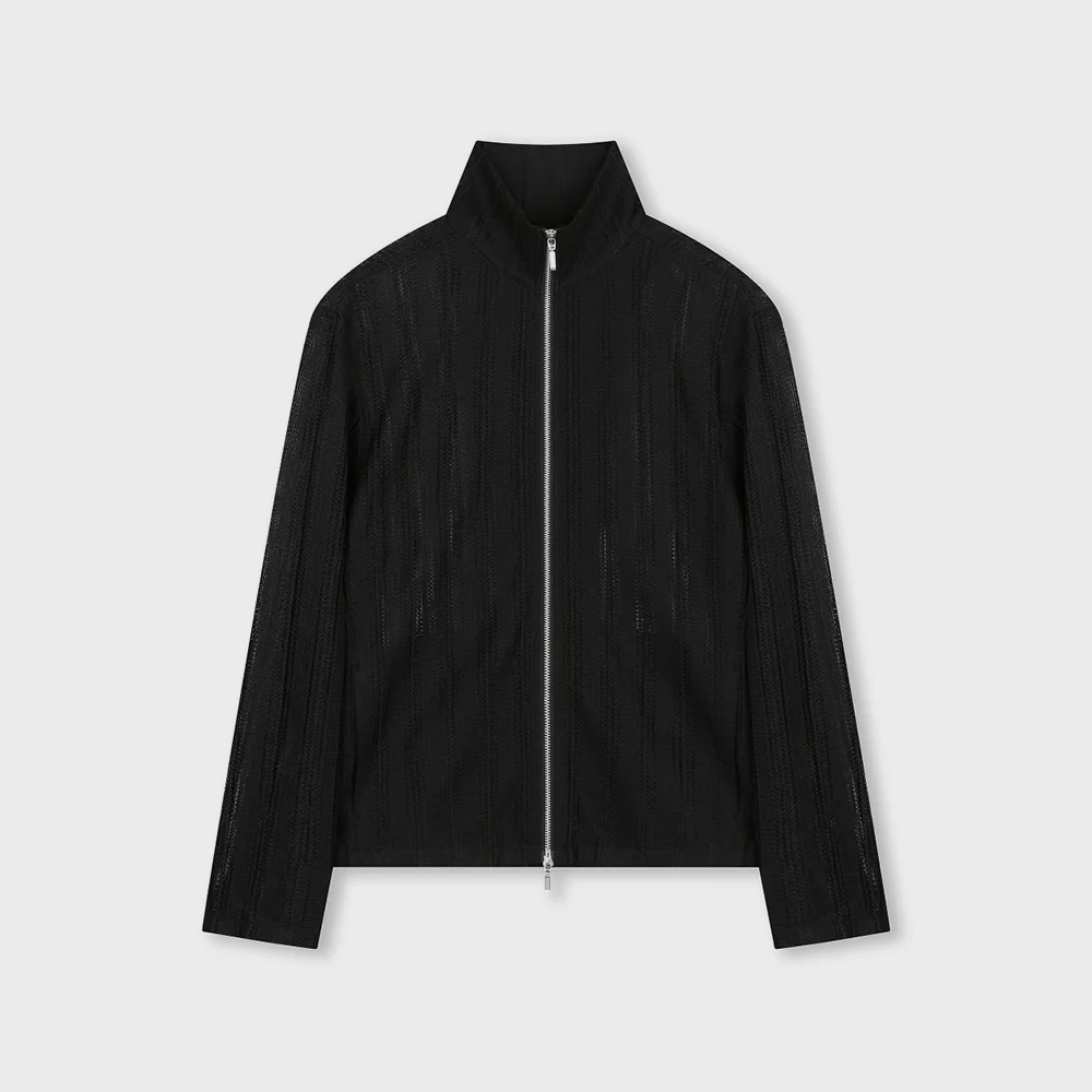 SEE-THROUGH JACQUARD HIGH NECK ZIP-UP BLACK
