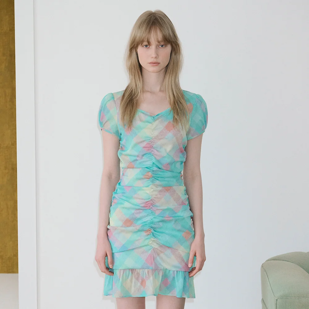 Check Printed Shirring One-Piece (Mint)