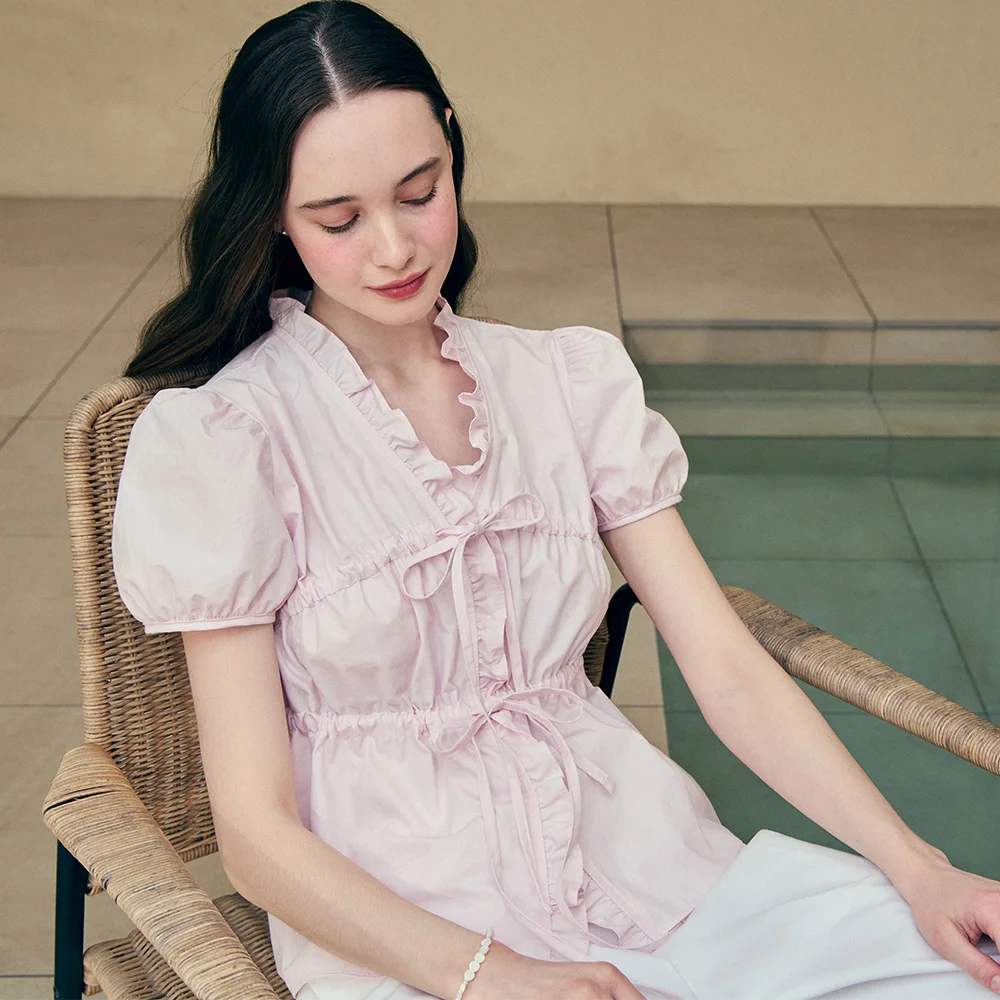 Ribbon Shirring Puff Sleeve Blouse - Pink