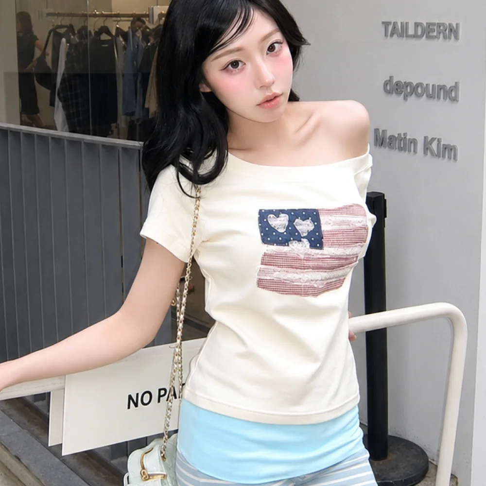 USA banner lace one shoulder T-shirt Cream