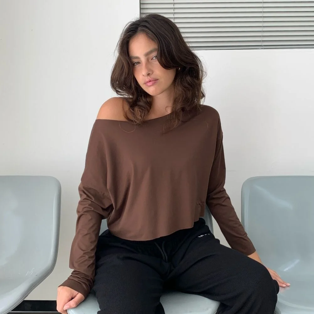 Boat Neck Long Sleeve Top 啡色
