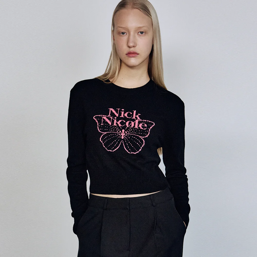 CASHMERE BUTTERFLY SIGNATURE CROP KNIT_BLACK PINK