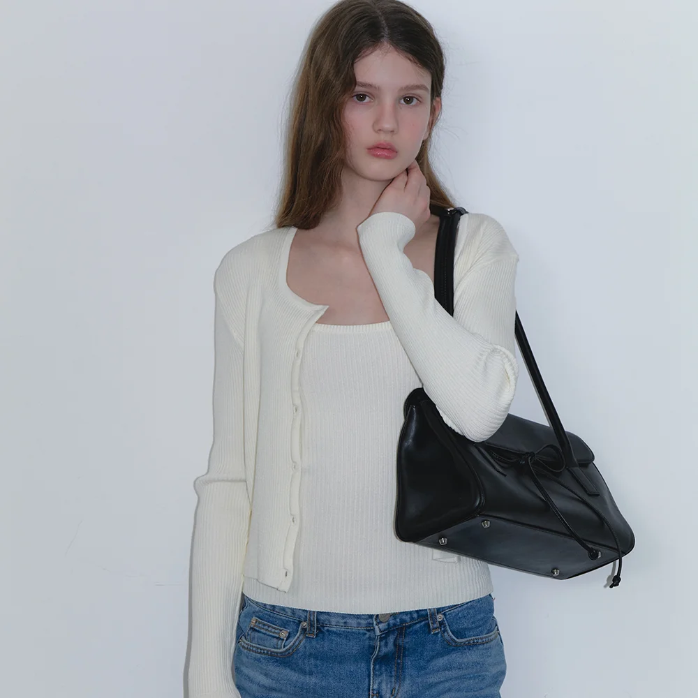 Ribbed sleeveless cardigan set_ivory