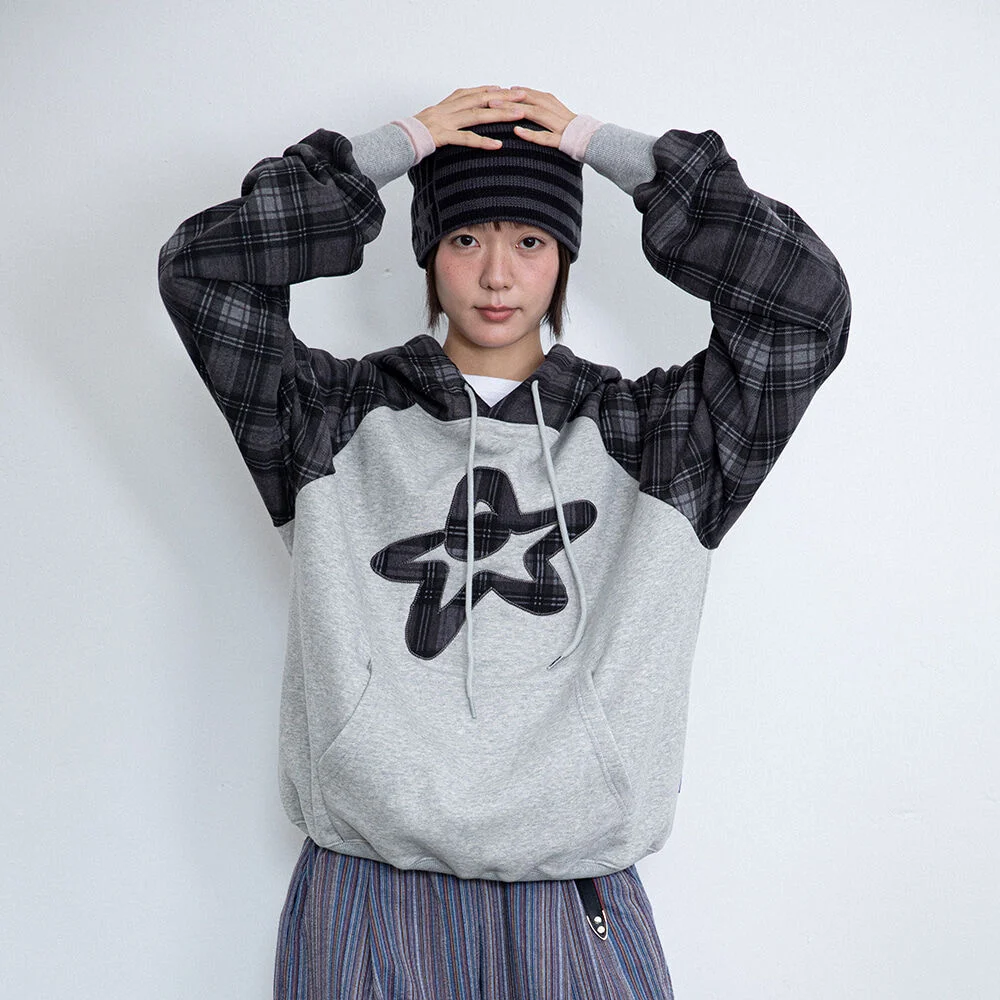 STAR LOGO CHECK RAGLAN HOODIE_GREY(IK2FFMM408A)