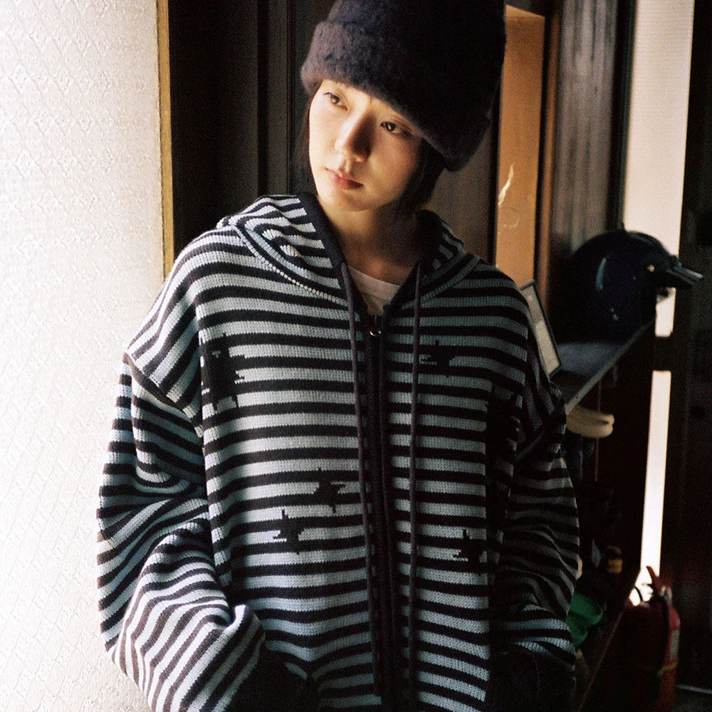 STAR STRIPE KNIT HOOD ZIP UP_BROWN(IK2FFMK681A)