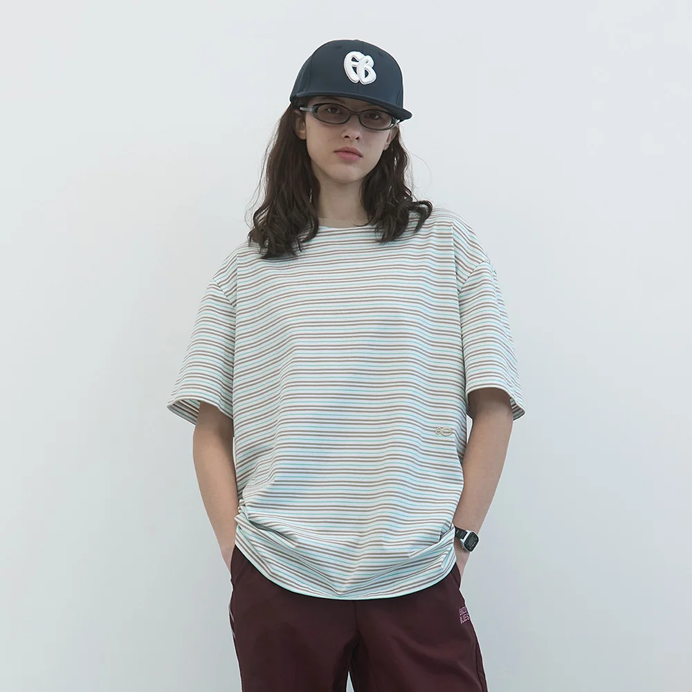 條紋 寬鬆版型 T恤 (Beige)