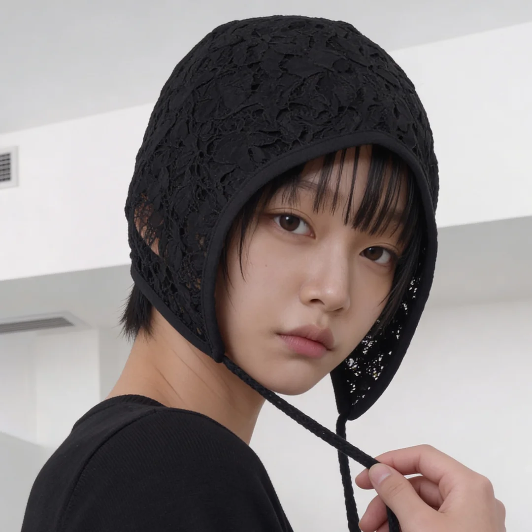 繩帶 細節 蕾絲 護耳翻蓋 夏季 飛行帽 冷帽 AVIATOR HAT / DOUBLE LACE / BLACK