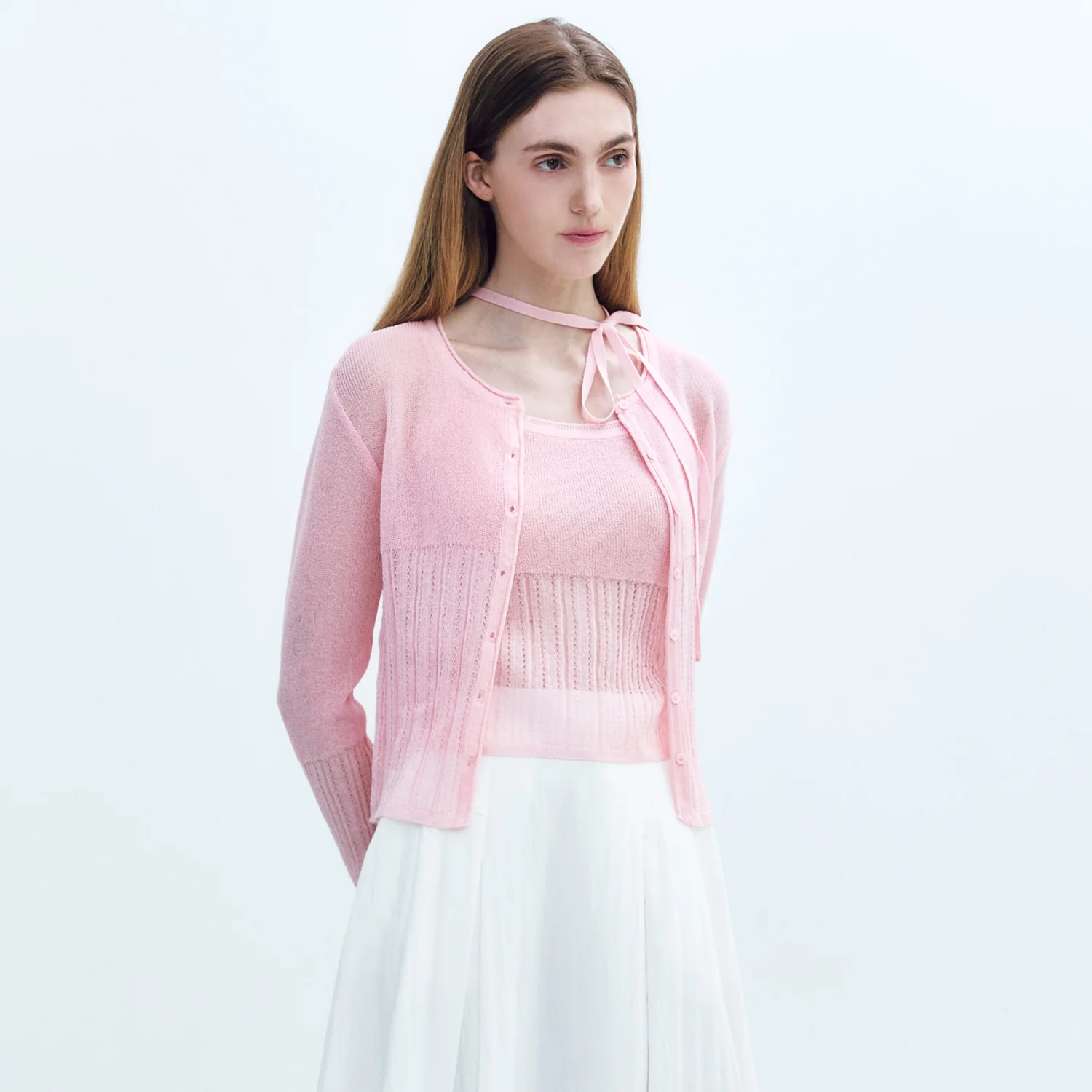 Skasi Weave Cardigan+Top SET PINK
