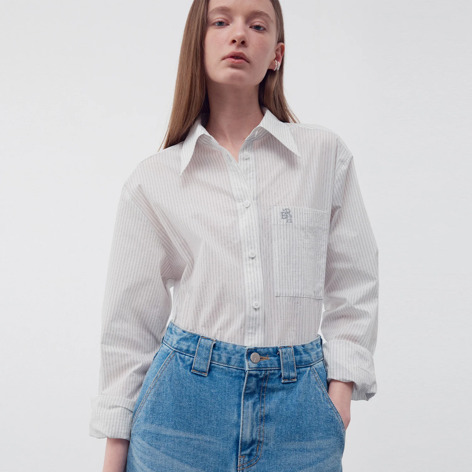 EMBROIDERED STRIPE POCKET SHIRT WHITE