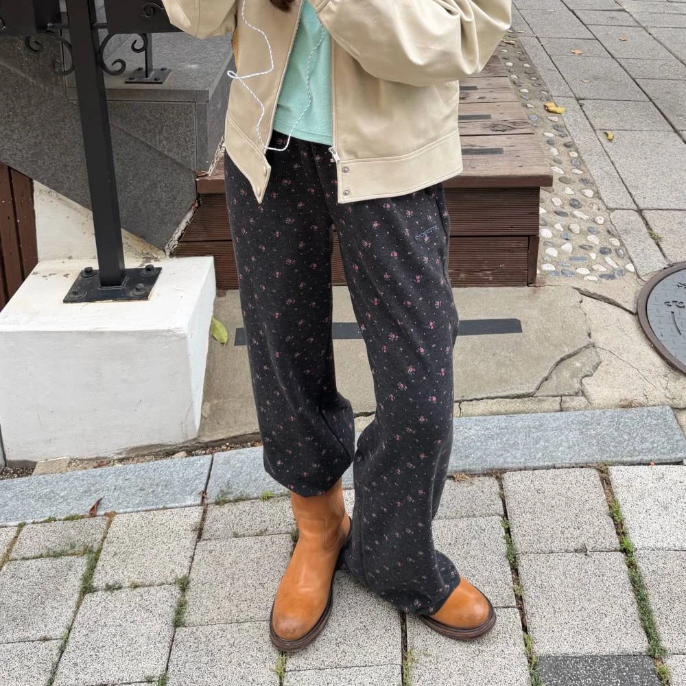 花卉 圖案 針織 長 褲子 (深 灰色) LAPNX26210GYD