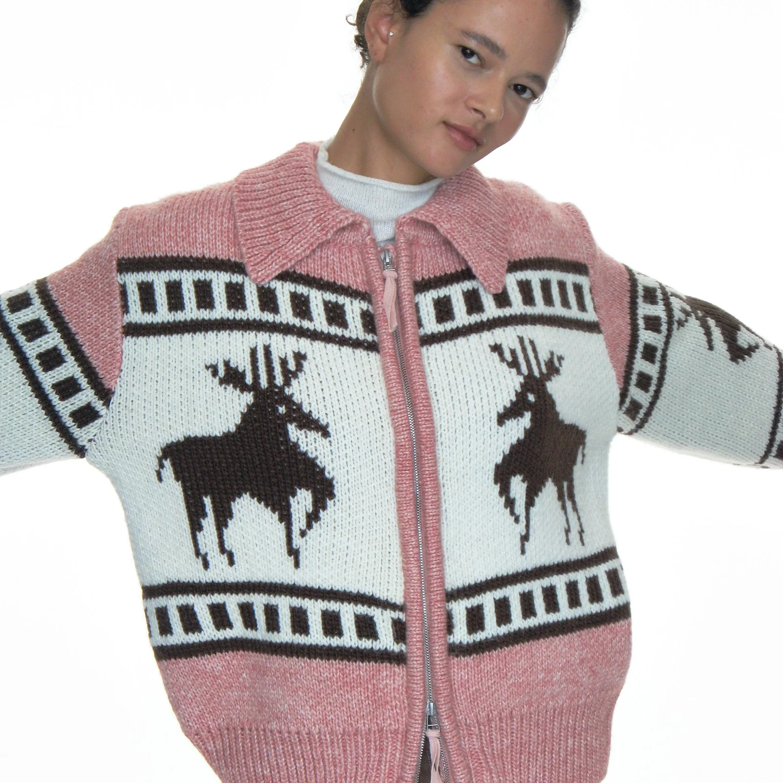 COWICHAN KNIT ZIP-UP CARDIGAN_PINK
