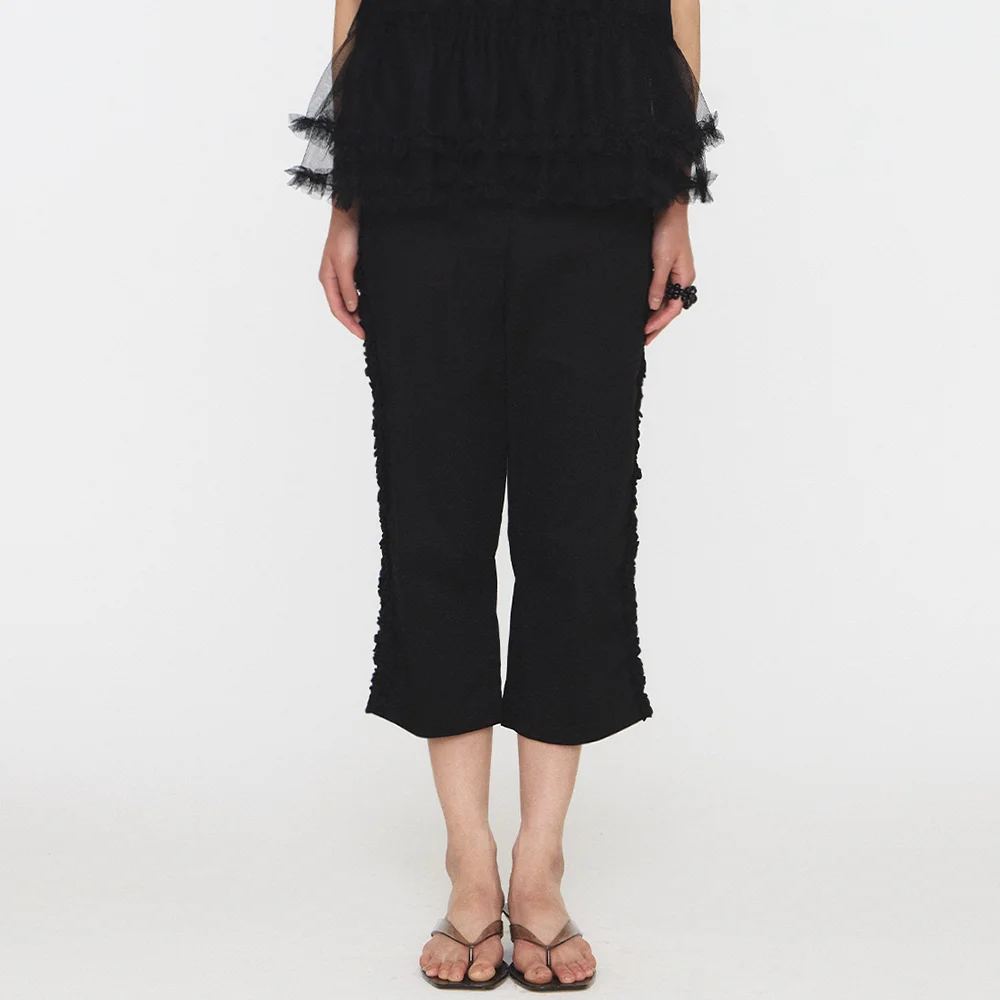 WIDE RUFFLE CAPRI PANTS - BLACK