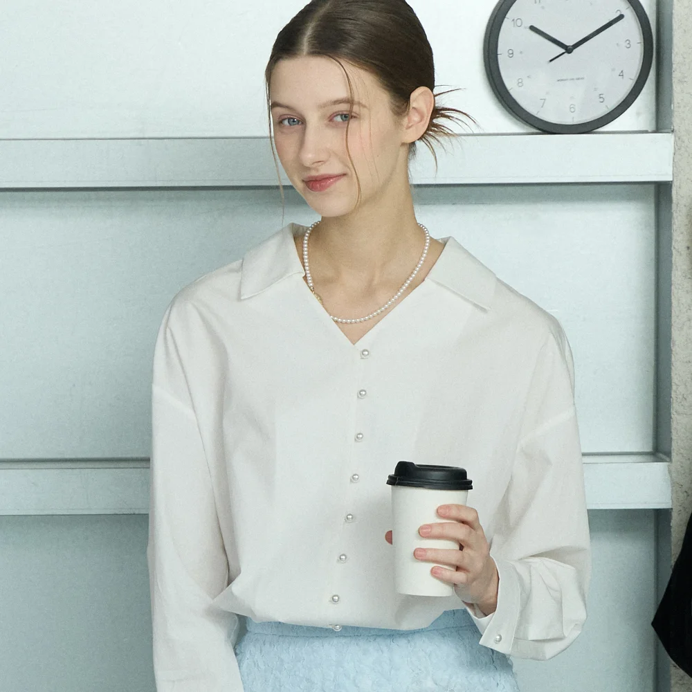 Button Point V-Neck Collar Blouse - White
