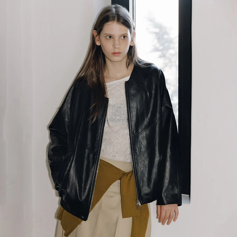 V-neck Faux Leather Blouson Jacket SL6SM604-10