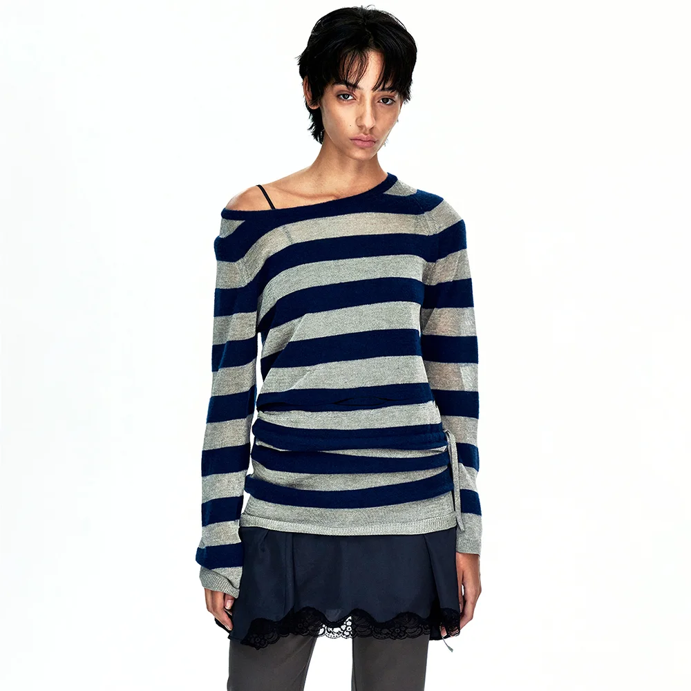 METALLIC STRIPE KNIT DRESS_navy
