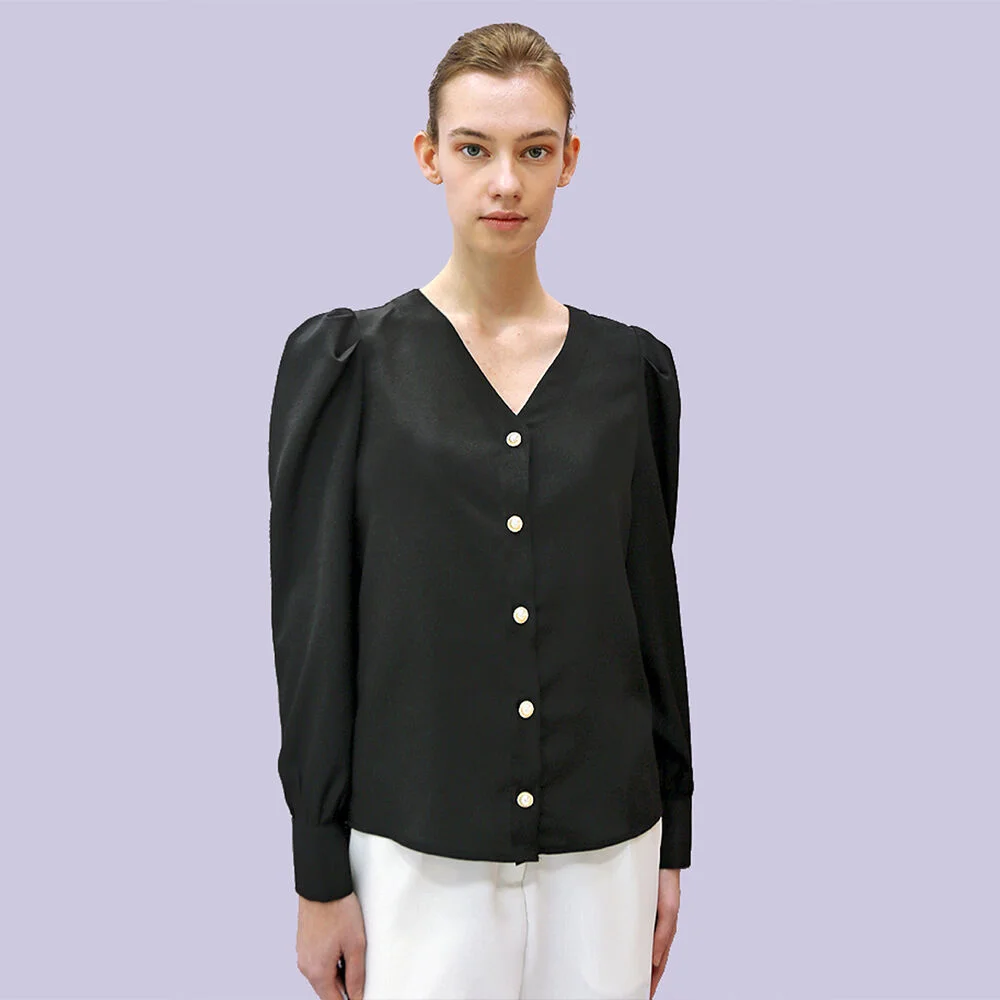 泡泡 V領 黑色 雪紡衫_ Puff V-neck Black BL