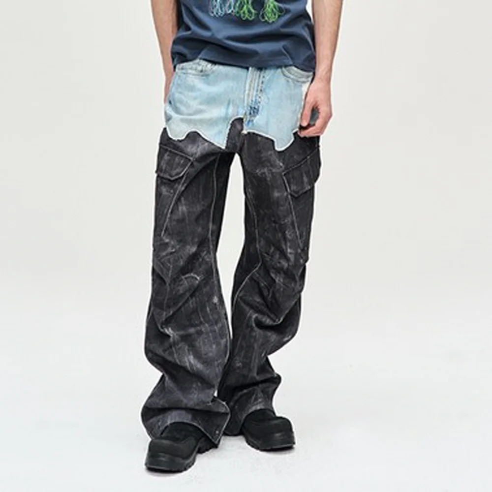 FAUX-DENIM & SCRATCH LEATHER PRINTED CARGO-PANTS apa703m(DENIM/BLACK)