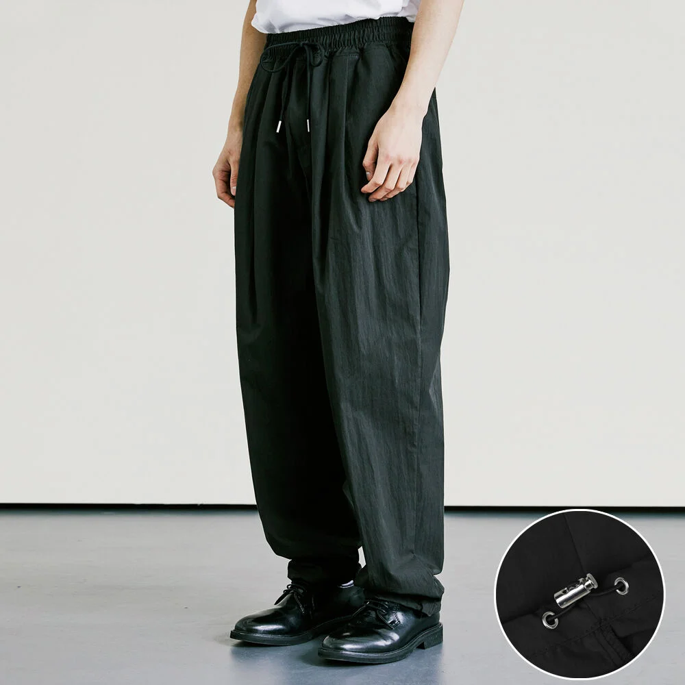 尼龍 2Way 寬版 曲線 剪裁 鬆緊帶 褲子 黑色
