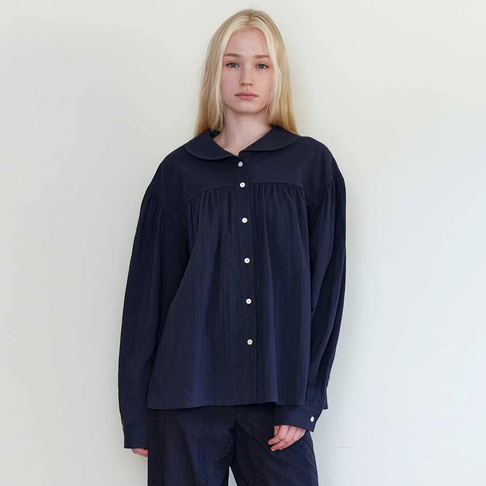 Round Collar Ruffle Blouse(Navy)