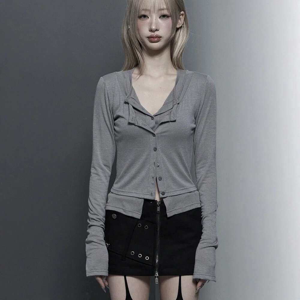 U-Neck Double Button layered Cardigan (Gray)