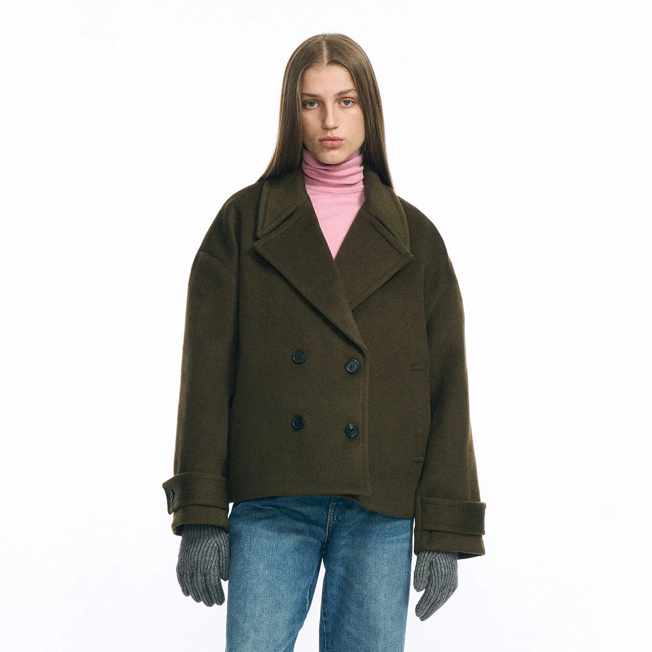 WOOL BLENDED PEA COAT_KHAKI GREEN