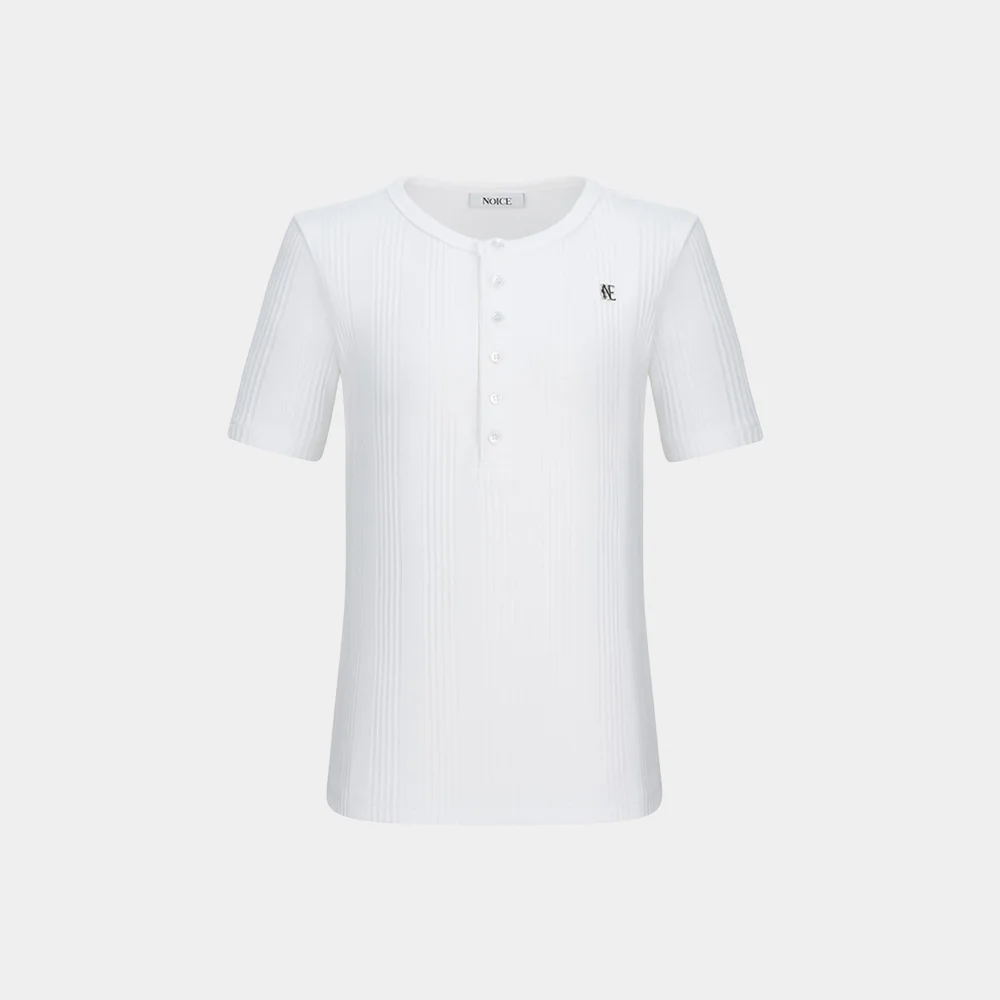 (W) COTTON RIBBED HENLEY NECK - WHITE