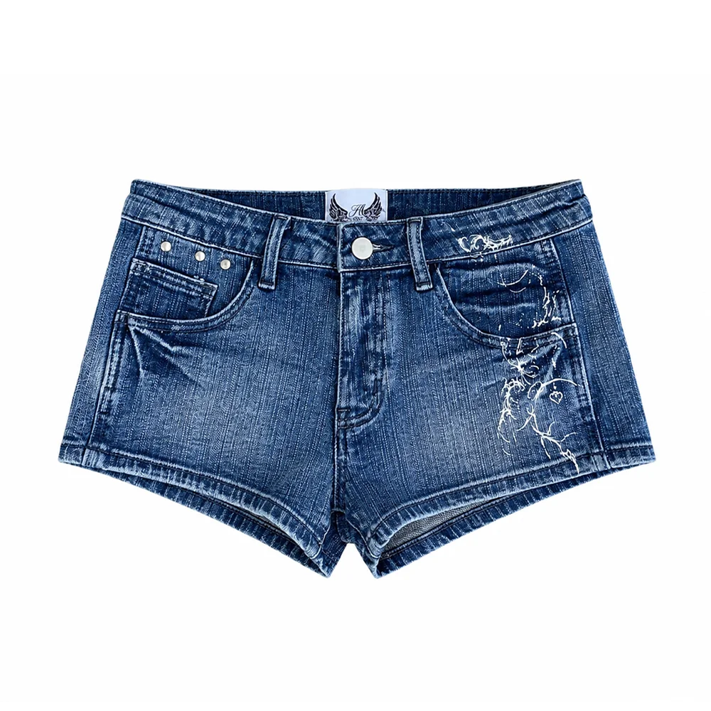 TATTOOED GRAPHIC DENIM SHORTS_BLUE