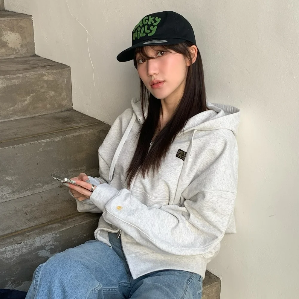 雙 布章 標誌 連帽拉鍊外套 淺 灰色