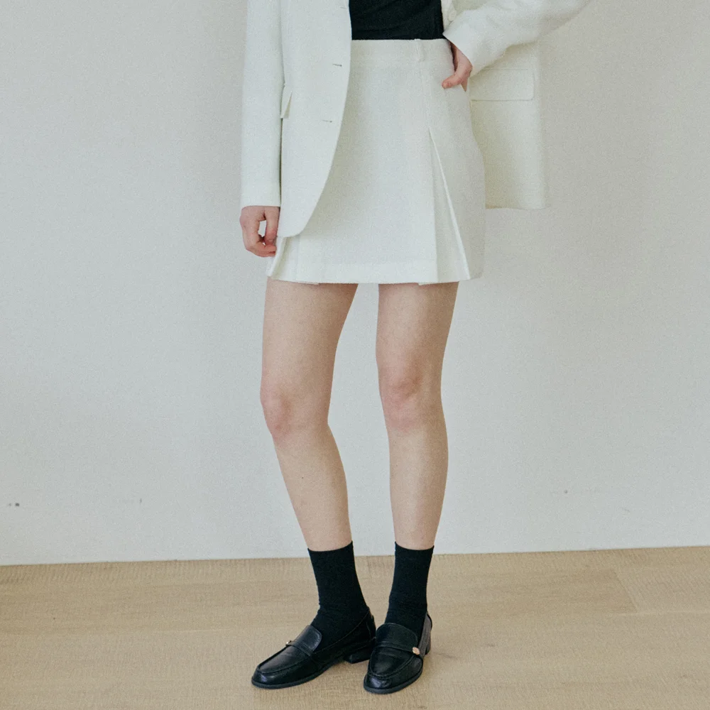PLEATED TWEED SKIRT_IVORY