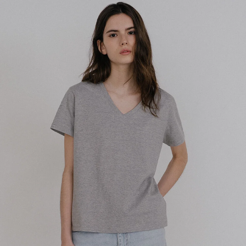 Soft basic v-neck T-shirt _Melange gray