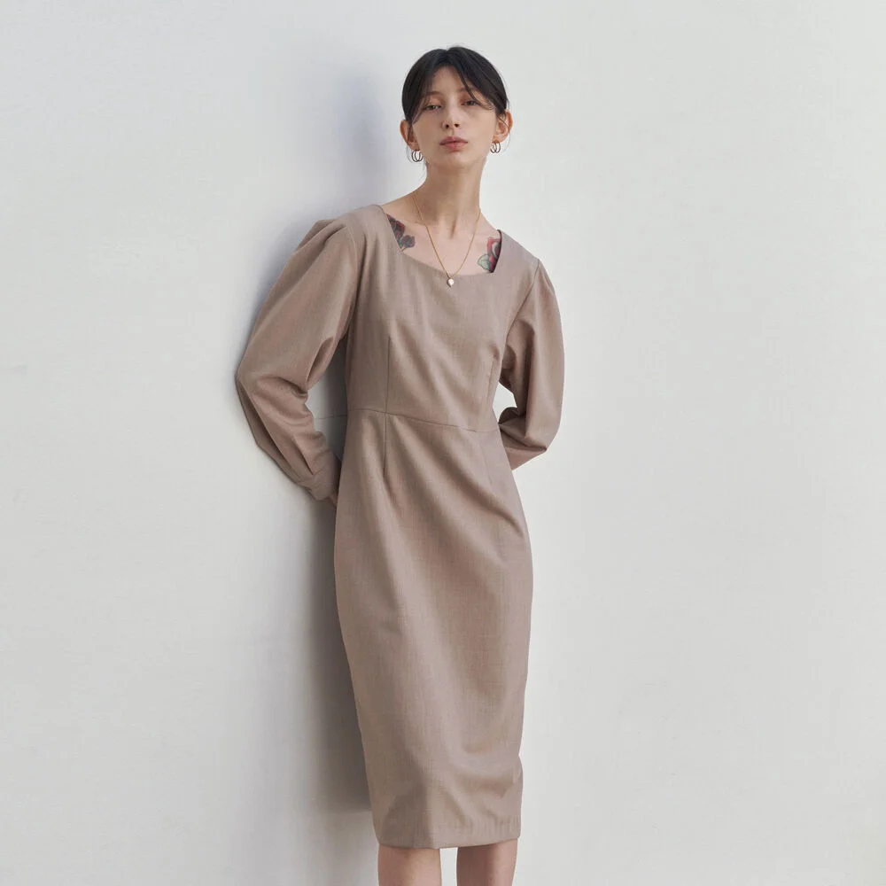 SQUARE NECK LONG DRESS_BEIGE