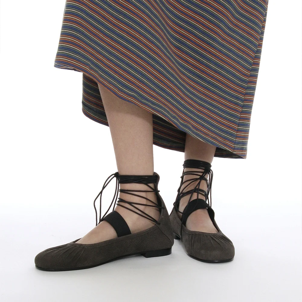 SHIRRING LACE-UP BALLET FLATS_BROWN