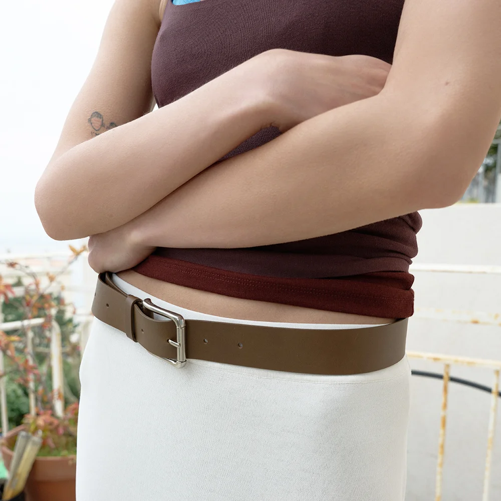 SQUARE LEATHER BELT (KHAKI BROWN)