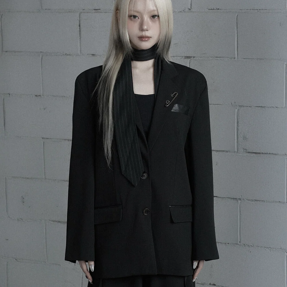 Panel Line Button Front Blazer (Black)