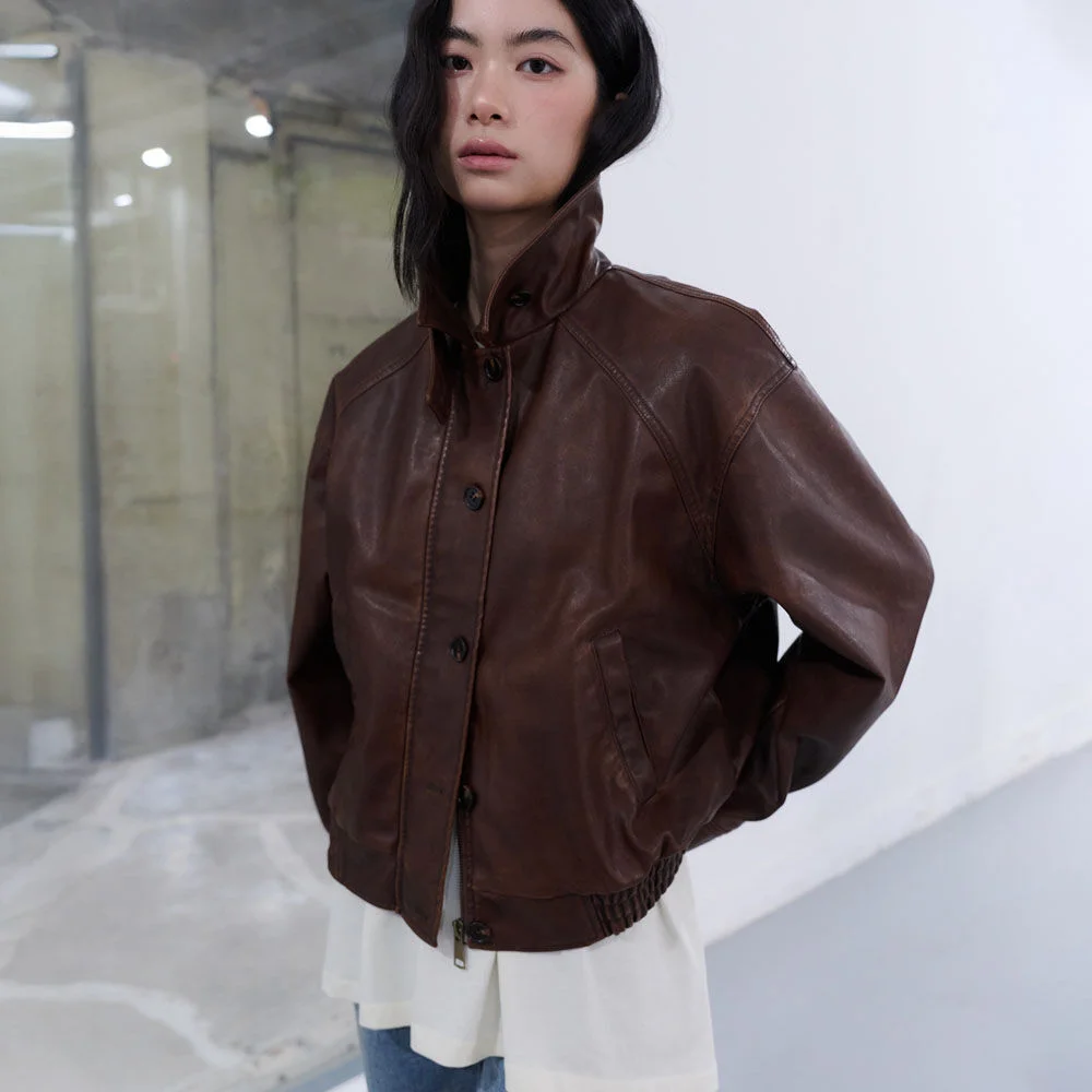 WOMAN 復古 水洗 仿真 皮革 短身外套 / WBE3L09514